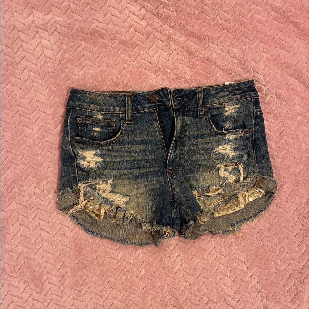 American Eagle Outfitters Blue Distressed Jean Shorts